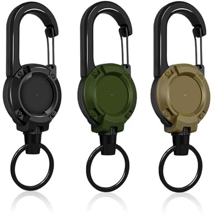 Mikqky 3 piezas Llaveros Extensible, Llavero Retráctil con Cuerda de Alambre de Acero, Cordón de Acero Retráctil de 23,6 Pulgadas, Llavero Retráctil con Retráctil Mosquetón Clip(Negro+Verde+Caqui)