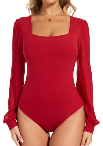 Joyshaper Body da donna a maniche lunghe con scollo a V, Bodysuit da donna, blusa elegante, in mesh, con maniche a sbuffo, body a costine, top, magliette, S