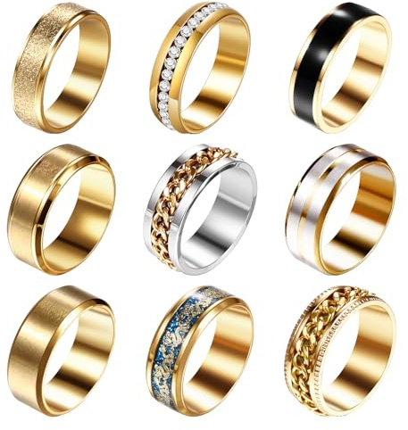 Oidea Herren Ringe Set mit Zirkonia: 9 Stück Edelstahl Gold Silber Schwarz Spinner Ring Vintage Biker Gothic Drache Verlobungsringe Stapelbar Partnerring Eheringe für Männer Größe 54-70