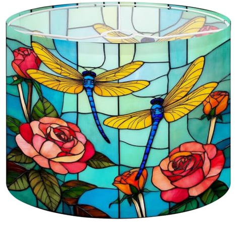 Round Drum Light Shade Stained Glass Dragonfly Suncatchers Dragonflies Roses Blue Yellow Large Lampshades for Ceiling Lights Table Floor Lamps Easy Assembly Replacement Lamp Shades Spider Fitter