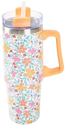 New Nitro Stainless Steel Floral Vacuum Tumbler 850ml – Insulated Travel Mug with 3D Flower Design, Adjustable Lid with Straw & Wide Mouth, Hot & Cold Drink Cup with Handle – Gift for Women & Girls -N