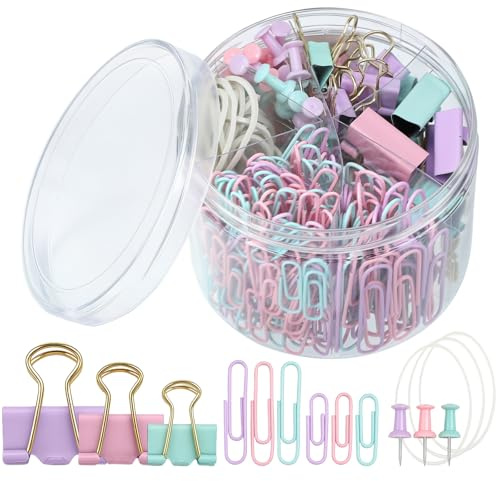 350 Pcs Macaron Paper Clips with Binderclips Rubber Bands Push Pins | Assorted Sizes, In A Divided Round Storage Box, For Bulletin Boards Office, School And Home