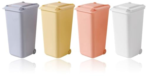 NOLITOY 4 piezas Cubos Basura Mesa con Tapa Mini Papelera Escritorio Multiusos para Reciclaje y Organización de Bolígrafos Resistente Colores Blanco Amarillo Rosa y Azul para Oficina y