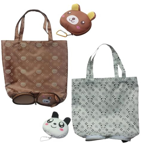 HUANYO Foldable Storage Bag 2 Pack - Waterproof Reusable Tote with Super Cute Animal Cartoons | Eco Friendly Shopping Bags for Groceries, Travel & Home Organiser (Panda + Brown Bear)