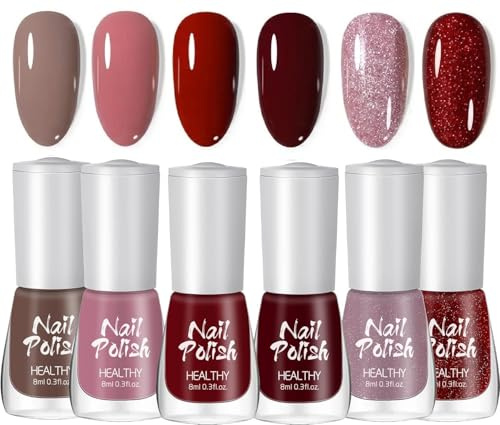 Nail Polish Set - 6PCS Nude Pink Red Mauve & Glitter Nail Varnish - Long Lasting Quick Dry Nail Polish Gift Set for Women & Girls - Holographic Glossy Non Toxic Nail Varnish Sets for DIY Manicure