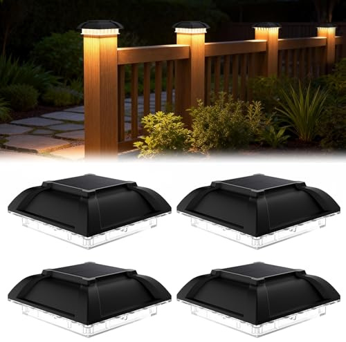 PORFOYO 4 Stück Pfostenleuchte Solar, Solar Pfostenkappe, Pfostenkappen Licht, Ip65 Wasserdicht, Warmweiß, 3.5x3.5 4x4 Zoll Hölzerne Pfäle, Led Außenlampe Für Hölzerne Pfosten Plattform, Garten