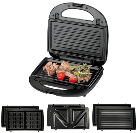 Nirva Sandwichmaker 3 in 1, Waffeleisen, Kontaktgrill, 800 W, für 2 Sandwiches, herausnehmbares Antihaft-Blech, kompakt für schnelles und gleichmäßiges Backen, Schwarz, YM5513