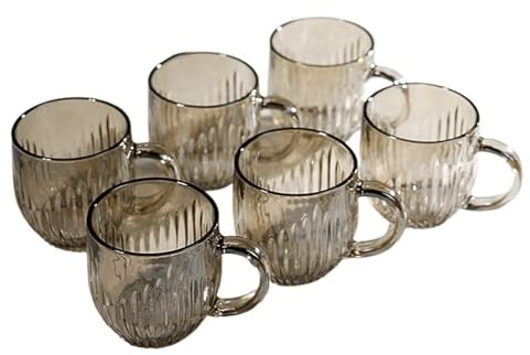 CJHFR472SG Elegante Juego de 6 tazas vidrio colores, 9 oz, clásicas rayas verticales, con asa, for agua, leche, café y jugos Cristalería(Bruin)