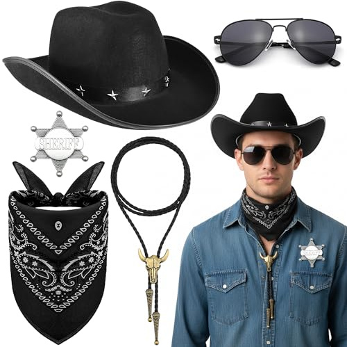 Xietaea Cowboy Zubehör Set Herren Damen - 5 Stück Wilder Westen Accessories mit Hut Sheriff Abzeichen Paisley Bandana, Bolo-Krawatte für Karneval Mottoparty Fasching Western Party