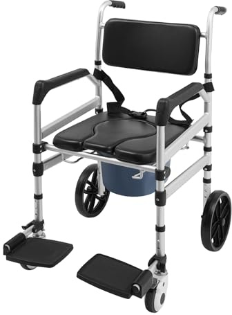 Duschrollstuhl faltbar Toilettenstuhl mit Rollen Duschstuhl mit U-Ausschnitt Alulegierung 150kg Belastbarkeit Badestuhl 3-Stufen höhenverstellbar Pflegerollstuhl 60cm Gesamtbreite Sitzbreite 42cm