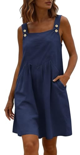Pinafore Dresses for Women UK Cotton Linen Buttons Wide Straps Mini Dress Sleeveless Summer Overall Dress with Pockets Ladies Casual Square Neck Short Dungarees