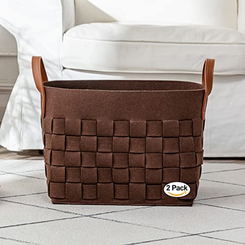 boldmonkey Laundry Basket 15  x13 x11 2 Pack, Large Rectangular Felt Fabric Blanket Basket with Leather Handle, Dirt Clothes Laundry Hamper for Babies, Dogs and Living Room-Brown