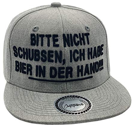 Outfitfabrik Snapback Cap Bitte Nicht schubsen, ich Habe Bier in der Hand in grau mit schwarzem 3D-Stick (Festival, Alkohol, Statement, Saufen) für Männer und Frauen, verstellbar an der Rückseite
