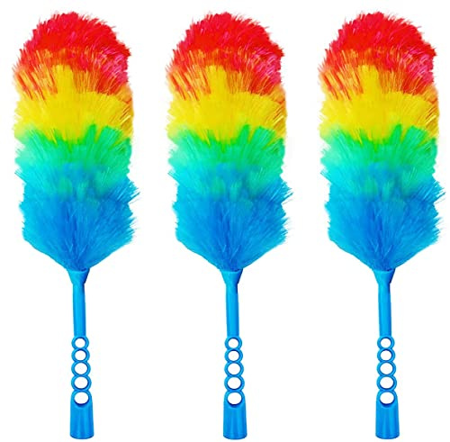Tockrop 3 Pack Upgrade 19” Rainbow Static Feather Duster with Beandable and Washable Head - More Fibers Bigger Head Less Loss of Fiber