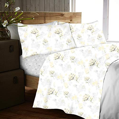 GC GAVENO CAVAILIA Luxury Floral Sheet Set, Flannel Bedding Sets King Size, Brushed Cotton Flat Sheets With Pillow Cases, Yellow