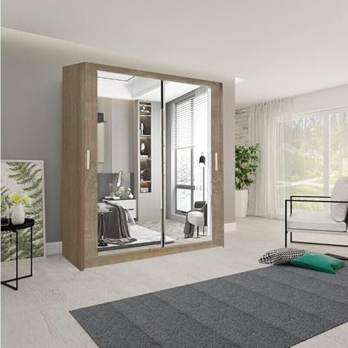 A.C. Milan German Modern Double Mirror sliding door wardrobe with LED Light Width 100cm/120cm/150cm/180cm/203cm/250cm (Oak, 100 CM)