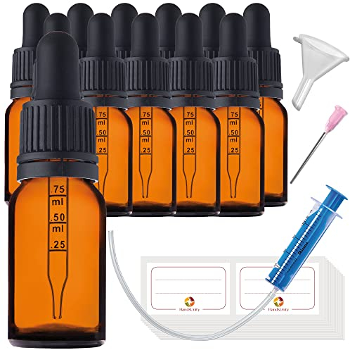 Lot de 6 flacons compte-gouttes, 12 x 10 ml, en verre teinté marron, avec 29 accessoires inclus, flacons de pharmacie