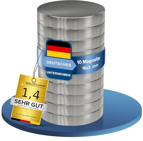 10 Stück Neodym Power Magnet silber - Scheibenmagnet extra stark rund - Durchmesser 18x3mm hoch - starke Magneten Supermagnet - Haftkraft ca. 4 kg - für Pinnwand, Magnettafel