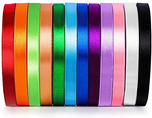Ruban Satin 12Pcs Ruban Satin Mixte Coloris 12mm x 22.8m Décoration DIY Mariage Fête Emballage Cadeau Gâteau Bouquet Créatifs Faire nœud Papillon