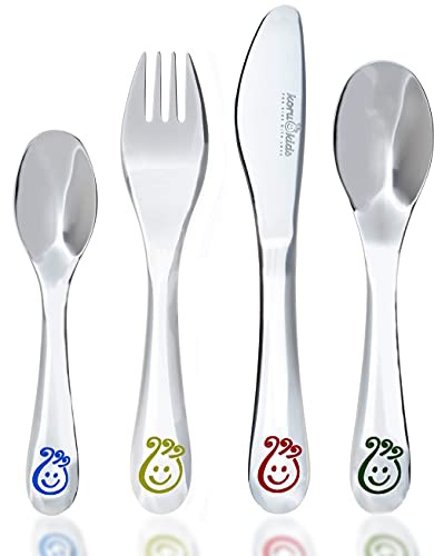 Koru Kids® Kinderbesteck Smiley – 4-teiliges Set – aus rostfreiem Edelstahl – Esslernbesteck - spülmaschinengeeignet – Kinder Besteck – für Kinder ab 3 Jahren