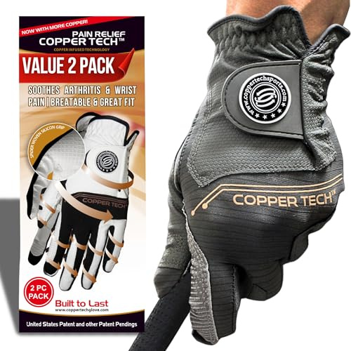 Copper TECH Men’s Golf Gloves (2 Packs) - Perfect for Summer Golfing - 100% AAA Cabretta Leather with Spider Tacky Grip - Breathable Copper Infused Material (Hand Orientation: Left, M/L)