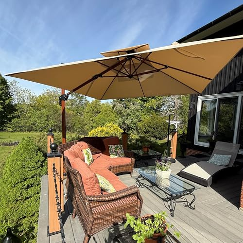 PURPLE LEAF Sonnenschirm 300 × 300 cm Alu-Griff Holzoptik Doppeldach Beige | Rostfreier Alurahmen, Verstärktes Standrohr, Stabil & Windfest, Neigen mit Kurbel & Drehen mit Fußpedal, Leichte Anpassung