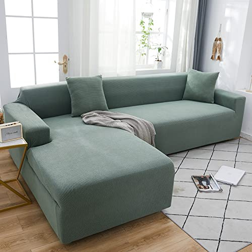 OKJK Couchbezug l Form wasserdichtes elastisches maisfleece weiche Bequeme Stoffe Couch überzug, Moderner Universalbezug für Wohnzimmer sofaüberwurf, Pflegeleicht,Matcha Green,4-seat 230-300cm