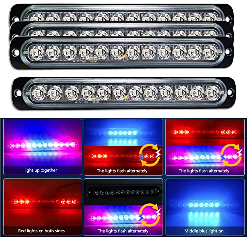 RIGIDON 4x 19cm 12 LED rouge bleu feu de freinage stroboscopique, 12V 24V | Sans contrôleur, barre lumineuse led, balise clignotante de sécurité, pour offroad véhicule voiture bateau remorque caravane