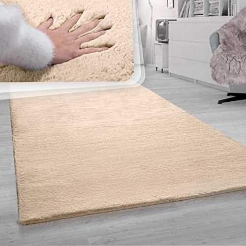 Paco Home Hochflor Teppich Wohnzimmer Schlafzimmer Fellteppich Kunstfell Fell Imitat Weich Modern Einfarbig Hell Beige Creme Sand, Grösse:150 cm Quadrat