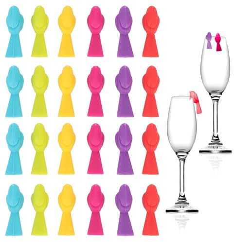 Cyrank Glasmarker, Glasmarkierer, 24 Stück Weinmarker für Gläser, Mini-Vögel Silicone Wine Glass Drink Markers, Silikon-Getränkemarker, Weinglas-Identifikationsetiketten, Silikon-Glasanhänger