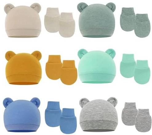 PythJooh Newborn Baby Hats and Mittens Set, Infant Baby Girl Boy 6 PCs Cotton Hospital Nursing Hats with 6 Pairs Anti-Scratch Mittens Set for 0-6Months