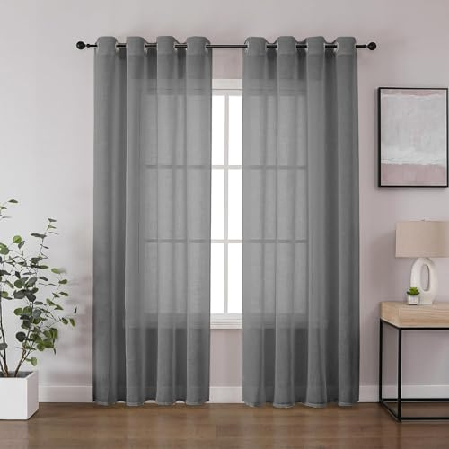 CUCRAF Leinenoptik Grau Voile Vorhänge mit Ösen Halbtransparent Gardine für Schlafzimmer Wohnzimmer H260 x B140cm 2er Set