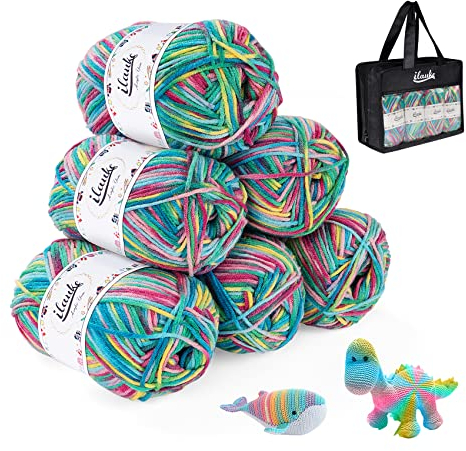 ilauke 6 Stück 300g(6x50g) Acrylgarn zum Stricken, 4-Fädig Farbe Weiches Handstrickgarn Farbverlauf Woll zum Häkeln Stricken und Basteln Weiches Mehrfarbiges Häkelgarn Set mit Tragetasche