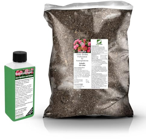 Umtopf - Set für Beetrosen, Edelrosen, Strauchrosen, Kletterrosen - bestehend aus 10 Liter Spezial - Substrat und darauf abgestimmten Flüssigdünger NPK Volldünger (für Rosen)