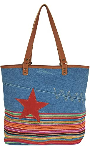 Sunsa Damen Handtasche. Nachhaltige Shopper in Vintage Stil, blau/bunt | Schultertasche aus recycelte Jeans, DIN A4 geeignet. Handgelenktasche große vegane Tasche als praktische Geschenk für Frauen