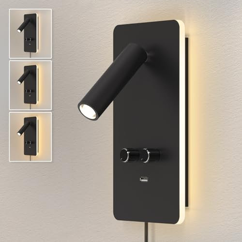 HYMELA Lámpara de Pared M04 LED Regulable (0,9-3,7W) - Luz para Lectura con USB, Retroiluminación 1,2-6W, para Libros, Conexión por Enchufe o Cableado Directo，Negro