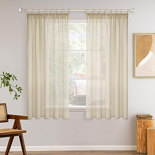MIULEE Gardinen Vorhänge mit Kräuselband 2er Set Gardine Vorhang Gardinen Wohnzimmer aus Sheer Voile Curtains Transparent Schlafzimmer Beige 140 x 145 cm