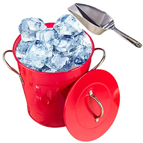 SMELEYOU Ice Buckets, Ice Bucket with Lid and Ice Scoop Vintage Metal Champagne Bucket Insulated Wine Bucket with Handle Keeps Beers Cold for Home Bar Party Red