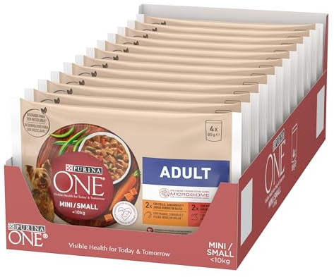 Purina ONE Mini <10kg Comida húmeda para Perro pequeño Adulto con Pollo y Cordero, 12 Packs de 4 Sobres de 85g - 48 Sobres