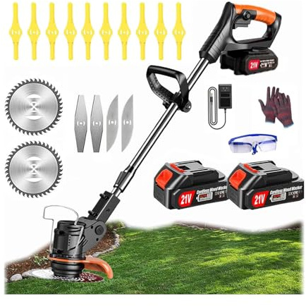 Trimmer Garden ，Strimmers Cordless21v Height Adjustable,with 2 * 21v Li-Ion Batteries,Cordless Grass Trimmer Light Weight/ 3 Types Blades