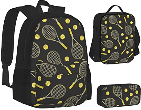 FLYIFE Schulrucksack mit Pfauenmuster, 3er-Set, Reise-Laptop-Rucksack mit Lunchtasche und Federmäppchen, Lustige Tennisschläger und Tennisbälle., One size