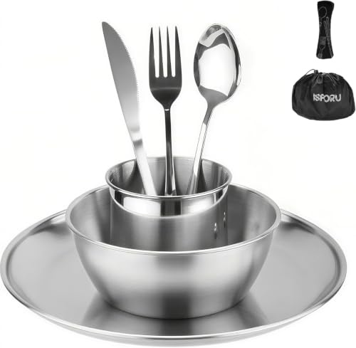 Camping Cutlery Set - ISFORU Stainless Steel Tableware Mess Kit Includes Plate Cup Fork Spoon, Dinner Set with Bag - Dinnerware Utensils Set for Outdoor Hiking and Picnic