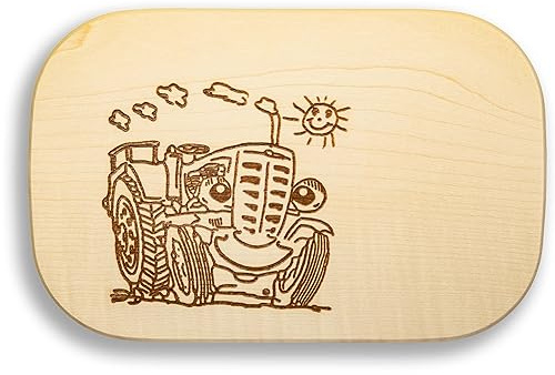 DEKOFANT Frühstücksbrettchen Kinder groß Motiv lustiger Traktor 25x16x1,5cm eckig Ahorn