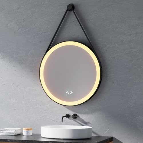 Heilmetz Badspiegel mit Beleuchtung Rund 70cm, LED Badezimmerspiegel mit Licht, 3 Lichtfarben Dimmbar, Touch, Runder Spiegel mit Beleuchtung, Schwarz Rahmen, Abnehmbar Band