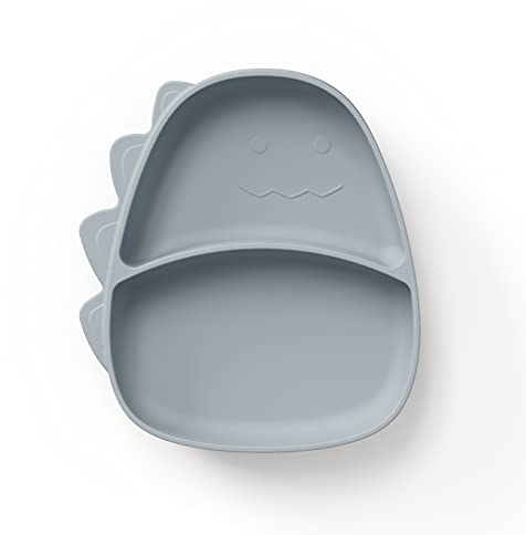 ÜneeQbaby Silikon-Kinder Teller i-Form - BPA-Frei, Spülmaschinenfest, Mikrowellen- und Ofensicher - Perfekt für Kleinkinder und Babys…(Dino - Ozeanschiefer)