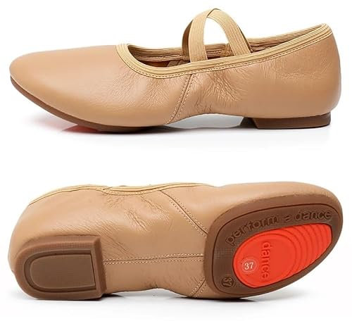 TYNXK Ballet Slippers Genuine Leather Jazz Shoes Jazz Dance Shoes Tan Black Antiskid Sole Adults Dance Sneakers For Girls Women Ballet Pumps (Color : Tan Rubber sole, Size : 34)