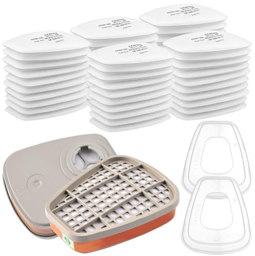 6001 Filtro per Respiratore Set, Filtri cotone Replacement per Protezione del Viso, con 50 Filtro in Cotone, 2 Filtri e 2 Tappo, per Antipolvere e Protezione Verniciatura Riutilizzabile