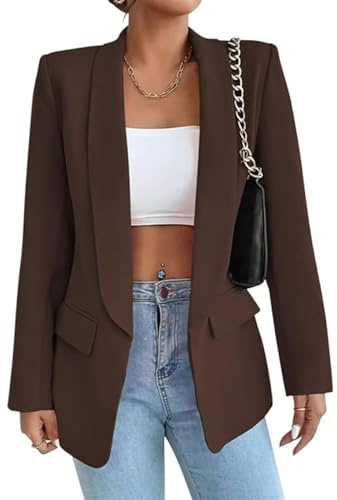 Gerrit Women's Suit Sporty Elegant with Pockets Lapels Suit Jacket Open Front Cardigan Plain Slim Business Long Sleeve Office Jacket Chic Blazer for Wedding (Color : Brown, Size : L)
