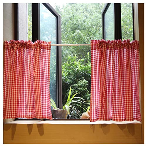 Scheibengardine Rot-weiß Karierter Bistrogardine, amerikanisches Landhaus-Baumwoll-Küche Kurzgardine, rustikaler Bauernhaus-Privatsphäre Gardine, 2 Paneele (Color : Red Check, Size : WxH 115x70cm/45