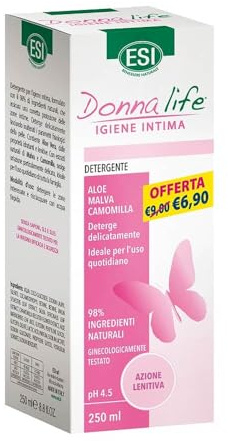 ESI - Donna Life Detergente Intimo Lenitivo, PH 4.5, con Aloe Vera, Malva e Camomilla, Deterge Delicatamente nel Rispetto dell'Equilibrio Fisiologico, Senza Allergeni, Ginelogicamente Testato, 250 ml